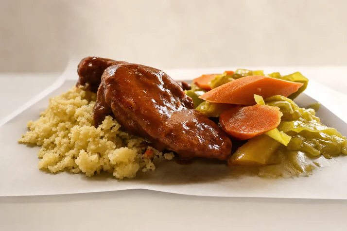 מנה בשרית עם קוסקוס וירקות מהמטבח הבשרי · King David Kosher Food